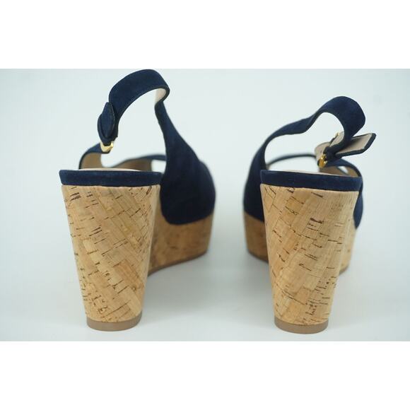 Stuart Weitzman Jean Blue Suede Slingback Cork Wedge Heel Sandal SZ 11 New - Picture 7 of 9
